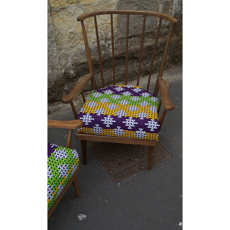 Paire de fauteuils Baumann vintage en bois et tissu