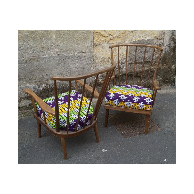 Paire de fauteuils Baumann vintage en bois et tissu