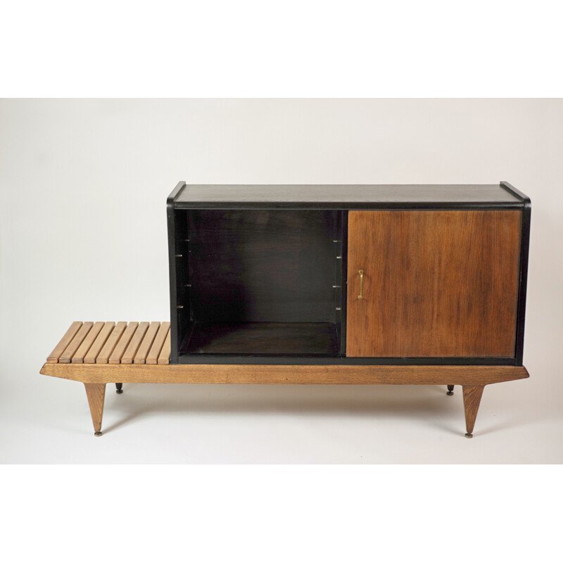 Sideboard in oakwood, beechwood and brass, Gérard GUERMONPREZ - 1950s