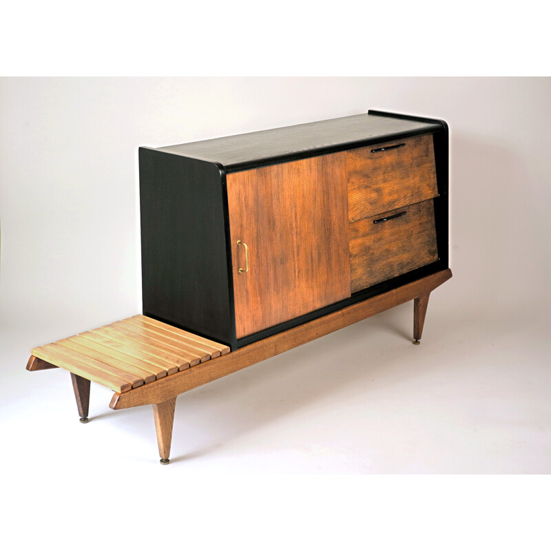 Sideboard in oakwood, beechwood and brass, Gérard GUERMONPREZ - 1950s