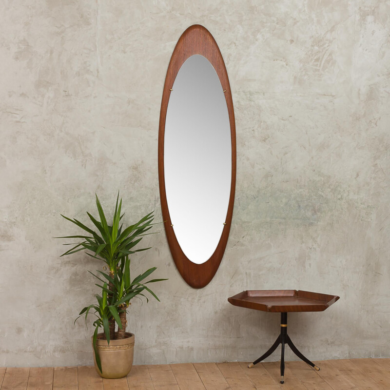 Vintage oval mirror in teak, Italy, 1960s