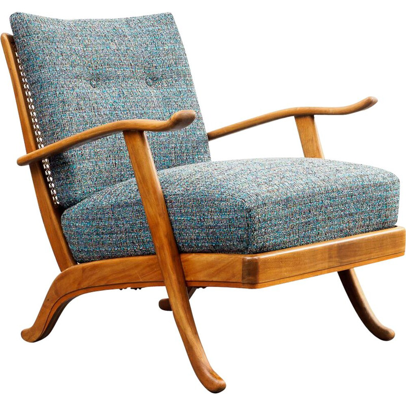 Fauteuil vintage en bois de merisier et tissu 1950