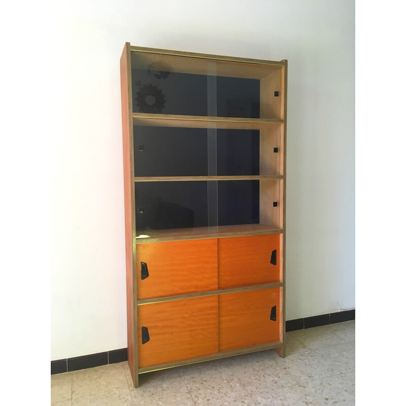 Vintage Library in wood with sliding doors and showcase, 1950s