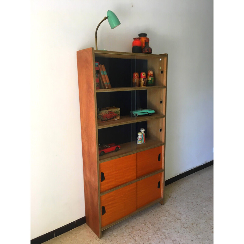 Vintage Library in wood with sliding doors and showcase, 1950s