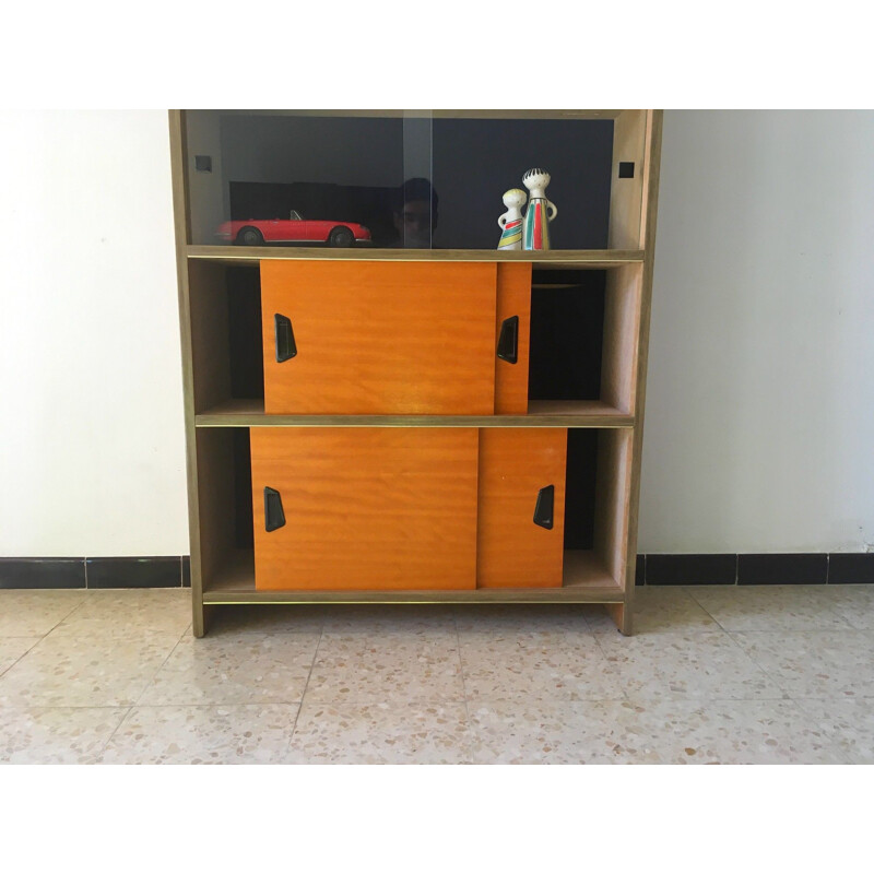 Vintage Library in wood with sliding doors and showcase, 1950s