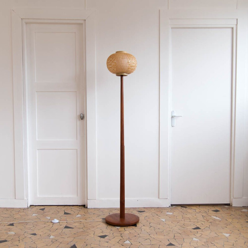 Vintage floor lamp in teak and rattan Scandinavian 1960s