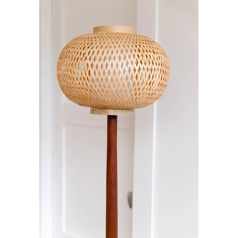 Vintage floor lamp in teak and rattan Scandinavian 1960s