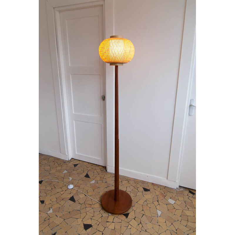 Lampadaire vintage teck et rotin Scandinave 1960s