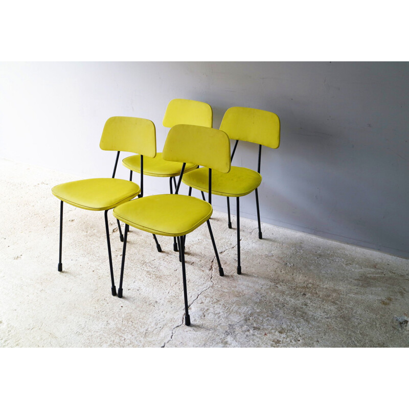 Vintage Set of 4 chairs, yellow vinyl and metal,1960s