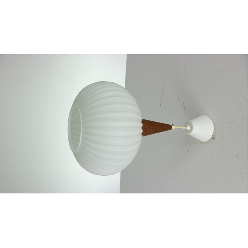 Vintage Pendant Lamp, Milk Glass & Teak Wood by Louis Kalff for Philips, 1960s Netherlands