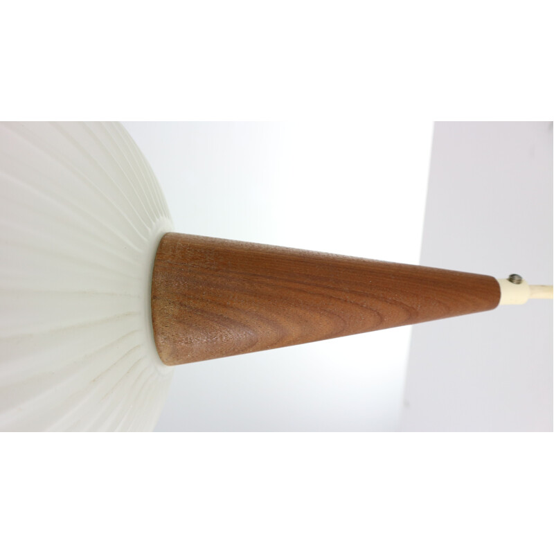 Vintage Pendant Lamp, Milk Glass & Teak Wood by Louis Kalff for Philips, 1960s Netherlands