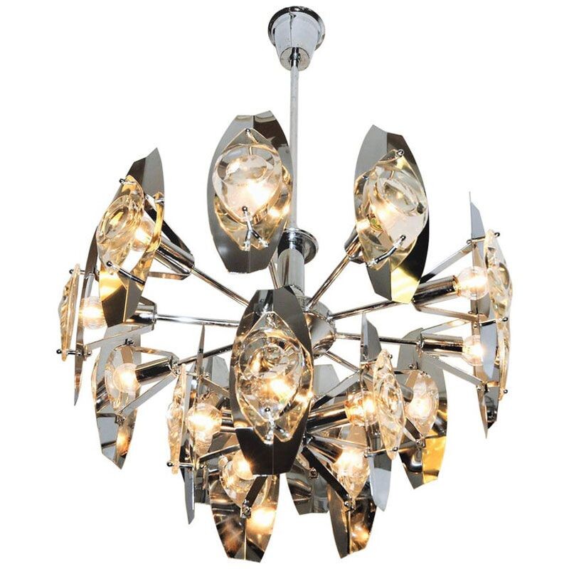 Vintage Scandinavian Chandelier in metal and Glass (Peacock Ceiling), 1970s