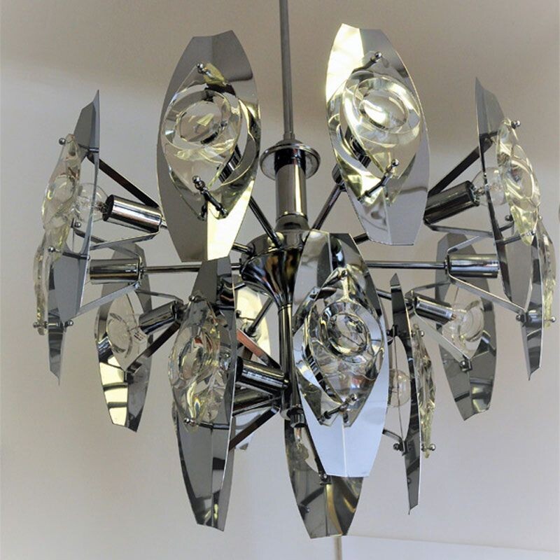 Vintage Scandinavian Chandelier in metal and Glass (Peacock Ceiling), 1970s