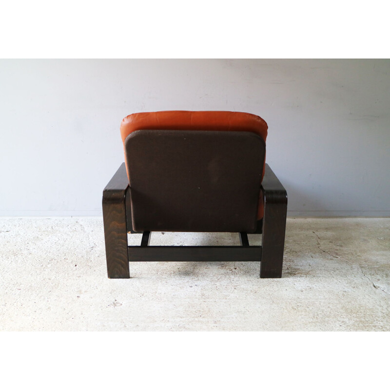 Fauteuil vintage en bois et cuir, Danemark, 1970