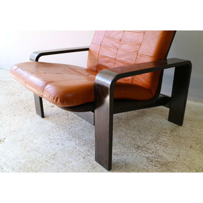 Fauteuil vintage en bois et cuir, Danemark, 1970