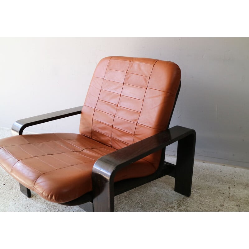 Fauteuil vintage en bois et cuir, Danemark, 1970