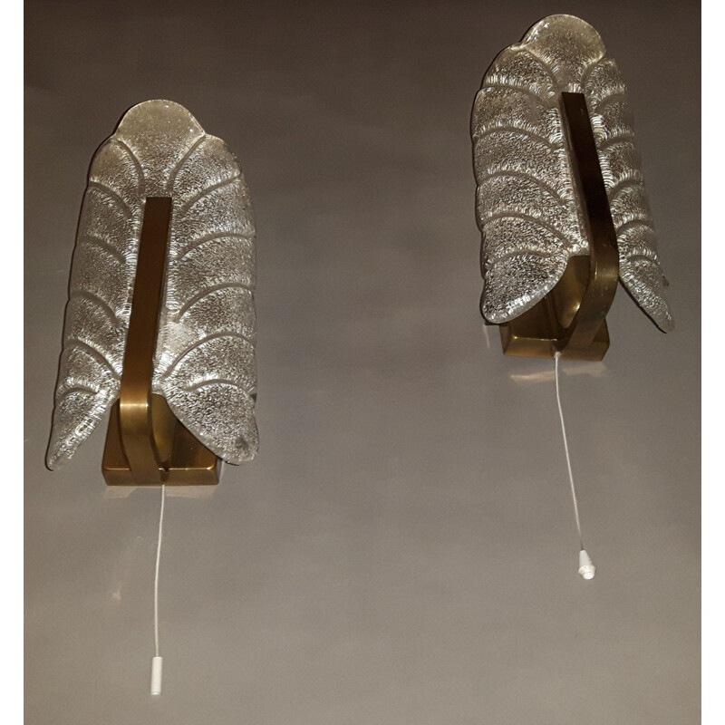 Pair of vintage sconces for Orrefors in brass and frosted glass 1960s