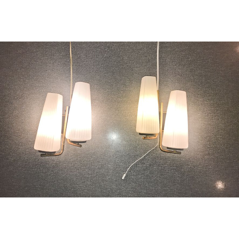 Vintage pair of sconces in brass and opaline 1950