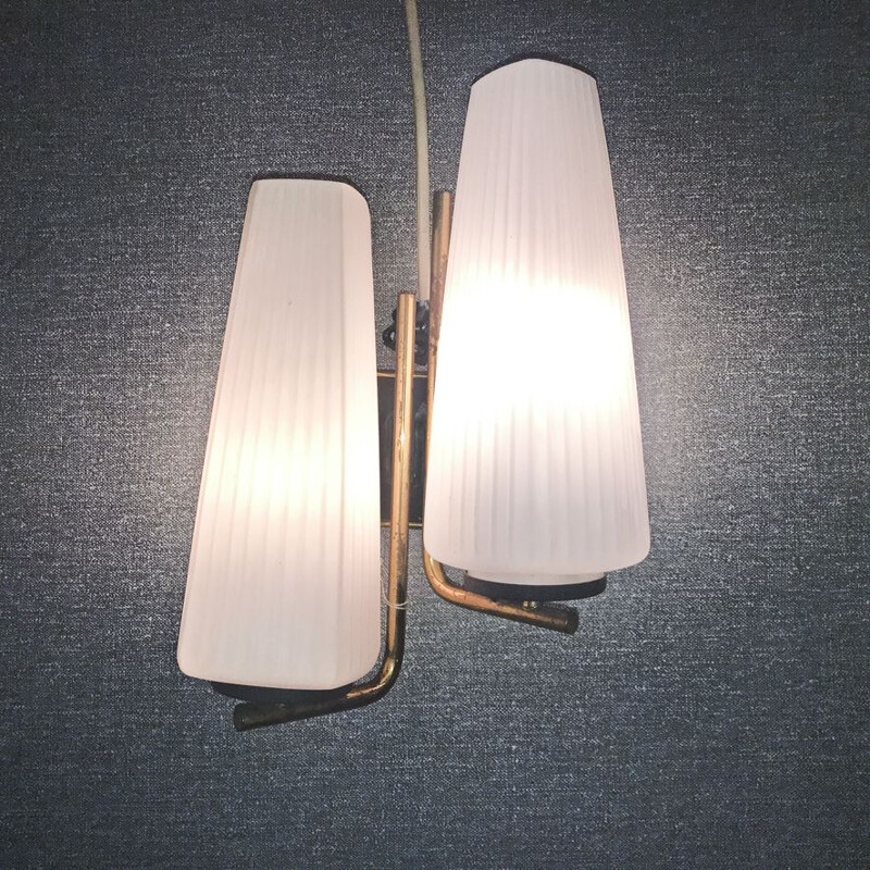 Vintage pair of sconces in brass and opaline 1950