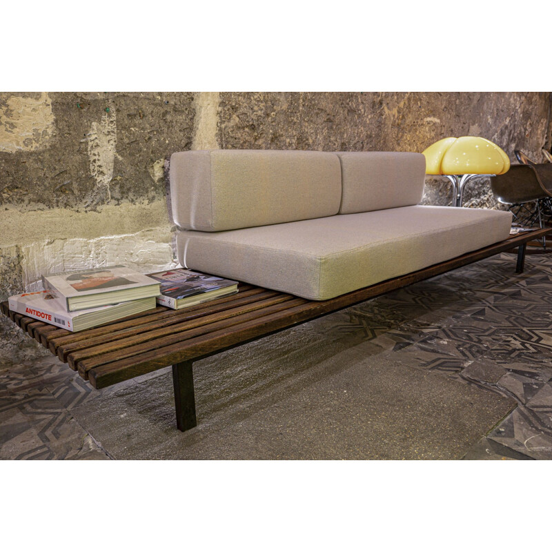 Charlotte Perriand's vintage Cansado bench in wood and white fabric 1950