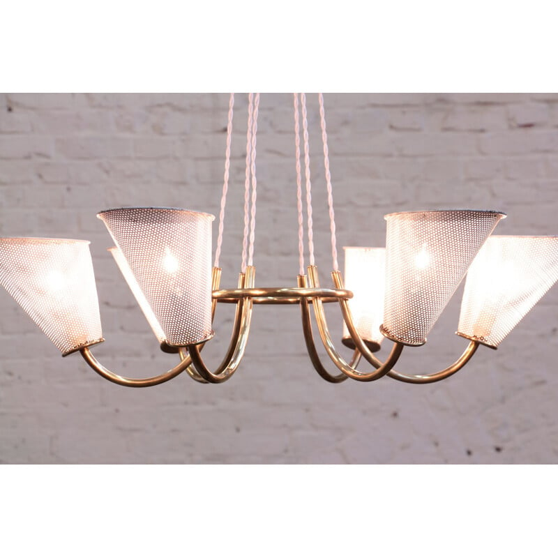 Vintage chandelier of Kobis & Lorence in sheet metal and brass 1950