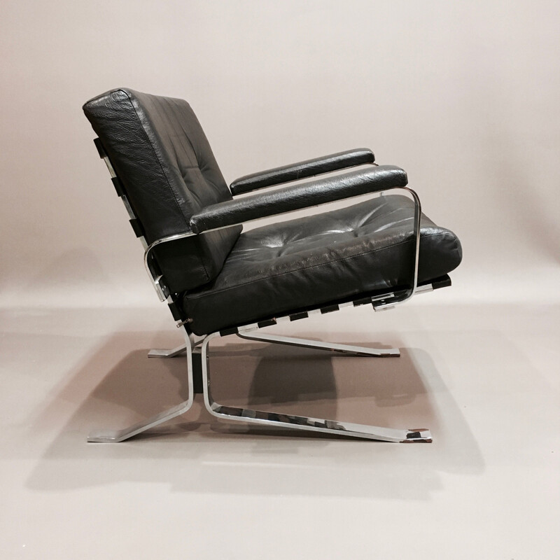 Vintage armchair black leather and chrome 1960