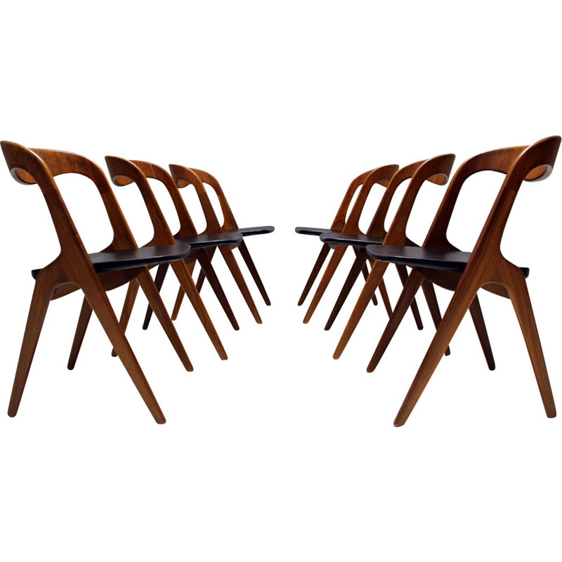 Set of 6 teak and leather Vamo Mobelfabrik dining chairs, Vamo SONDERBORG - 1960s