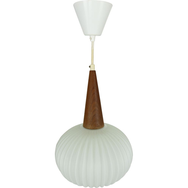 Vintage Pendant Lamp, Milk Glass & Teak Wood by Louis Kalff for Philips, 1960s Netherlands