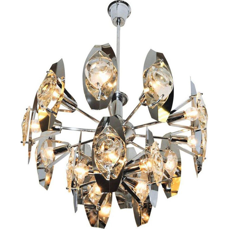 Vintage Scandinavian Chandelier in metal and Glass (Peacock Ceiling), 1970s