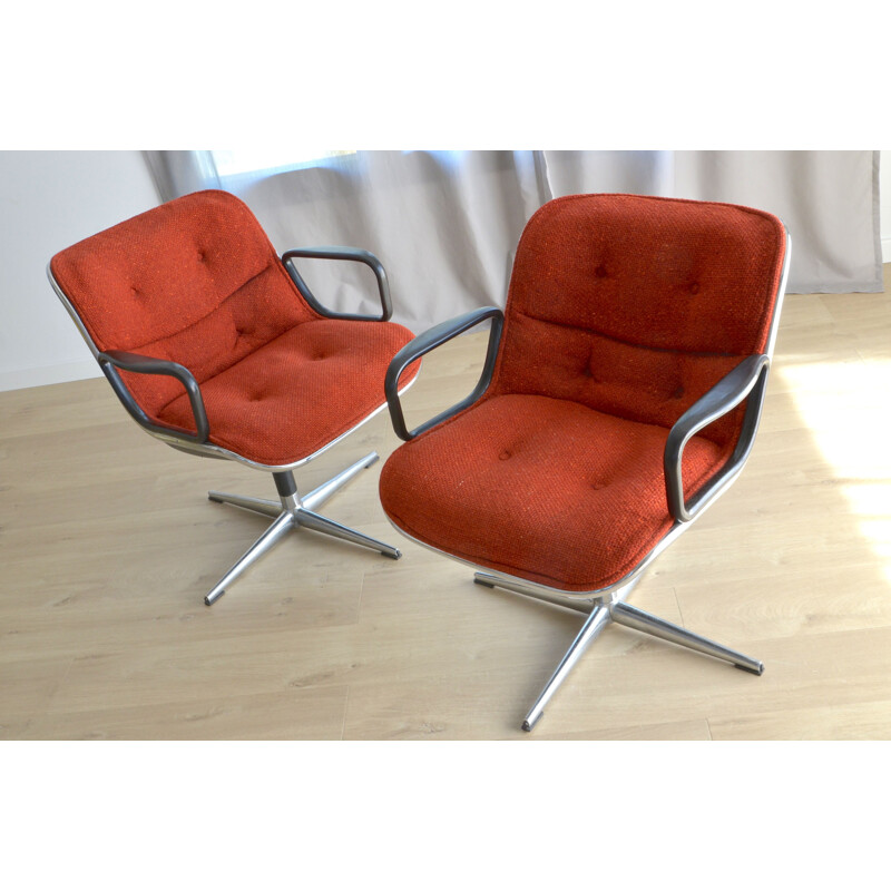 Pair of vintage Pollock armchairs for Knoll in red fabric 1960