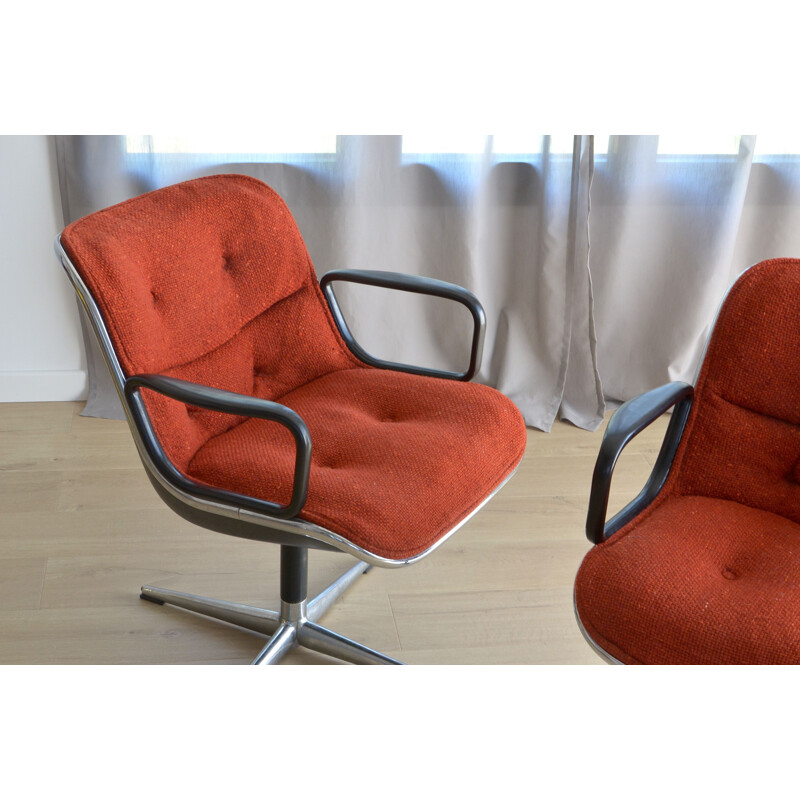 Pair of vintage Pollock armchairs for Knoll in red fabric 1960