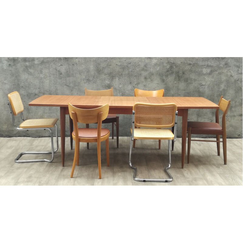Vintage teak table and 6 mismatched vintage chairs