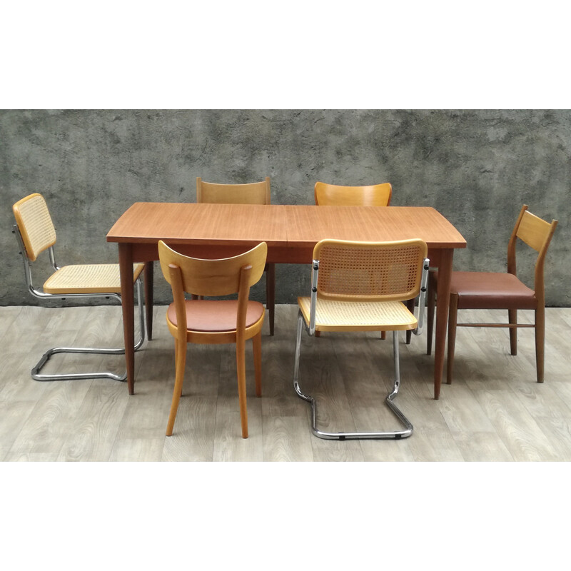 Vintage teak table and 6 mismatched vintage chairs