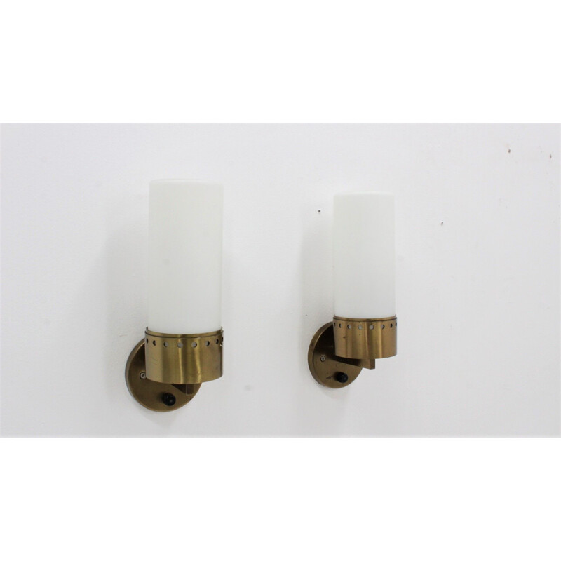 Pair of vintage brass and opaline glass tubular wall lamps 1950s