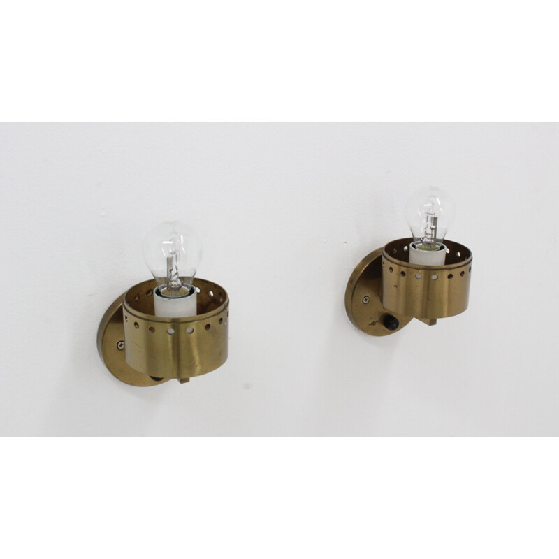 Pair of vintage brass and opaline glass tubular wall lamps 1950s