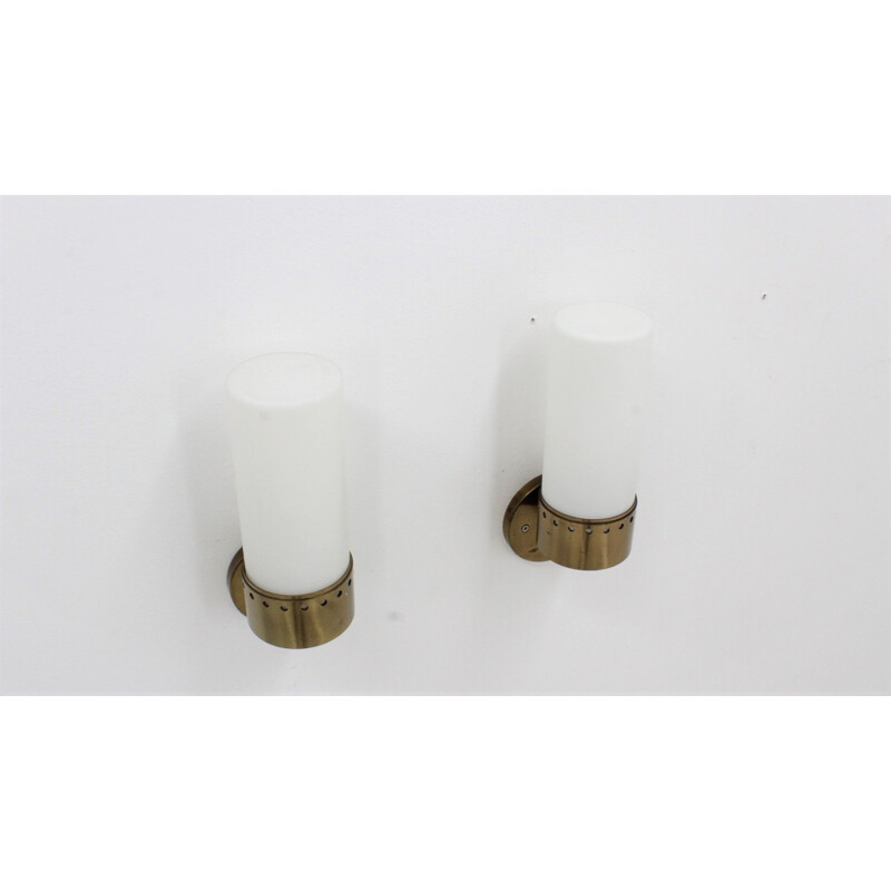 Pair of vintage brass and opaline glass tubular wall lamps 1950s