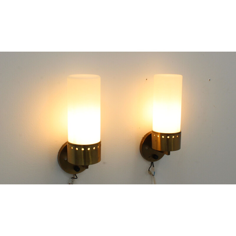Pair of vintage brass and opaline glass tubular wall lamps 1950s