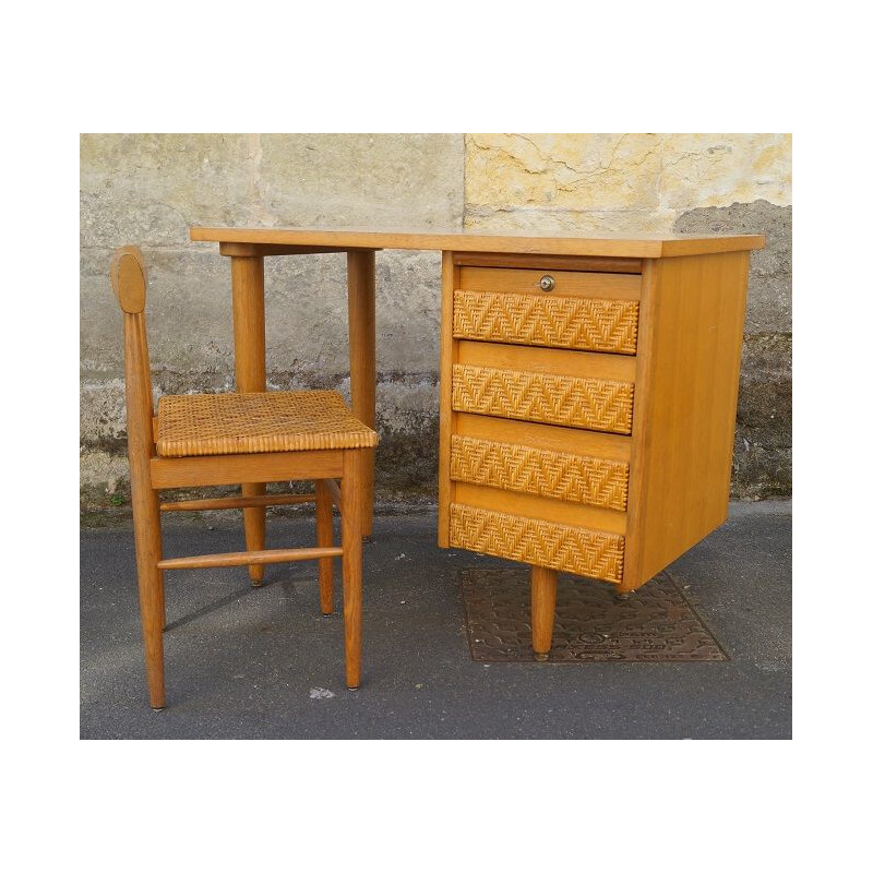 Vintage wooden and rattan desk set 1960