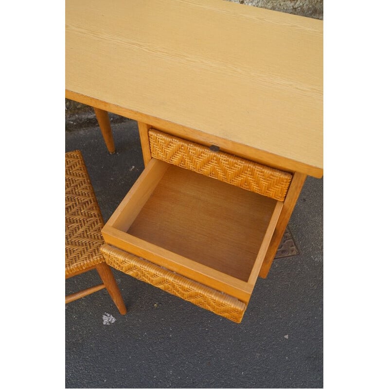 Ensemble de bureau vintage en bois et rotin 1960