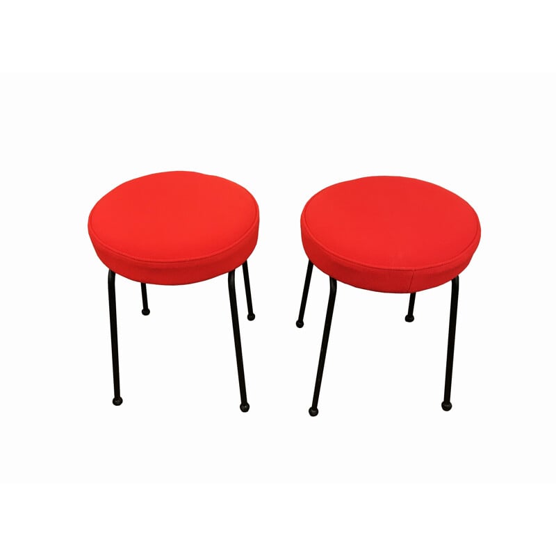 Pair of vintage stools in red wool and black metal 1950