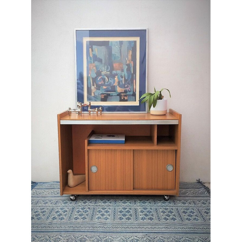 French vintage serving table in oak veneer 1970