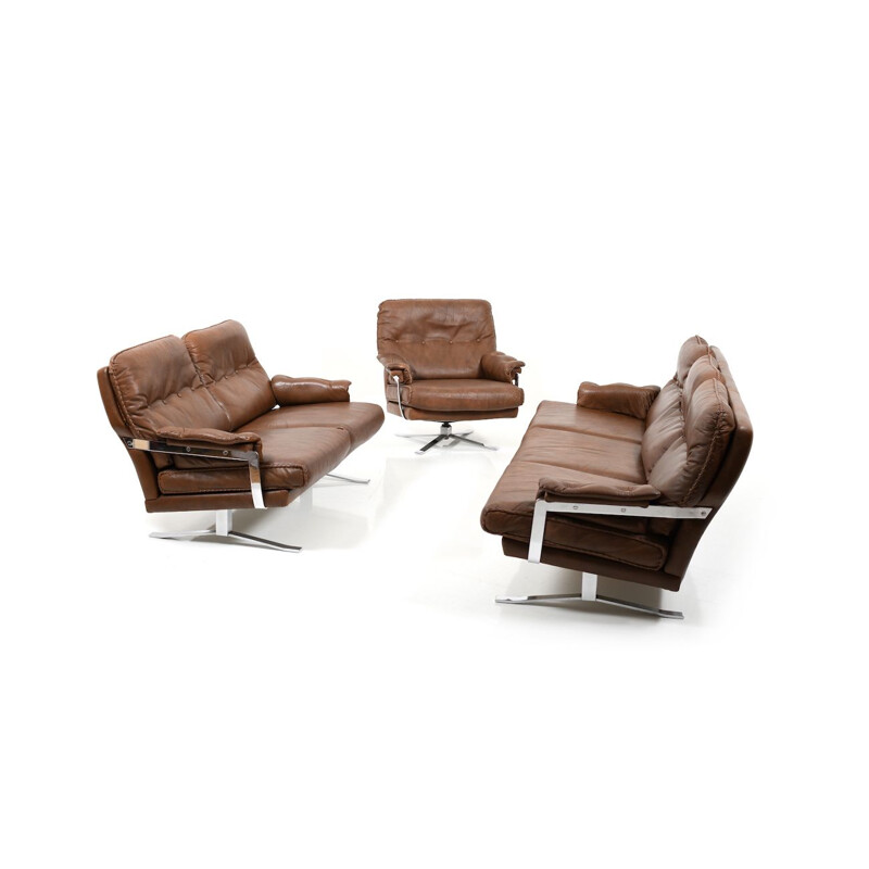 Vintage Hand-Stitched leather and chrome seating by Arne Norell