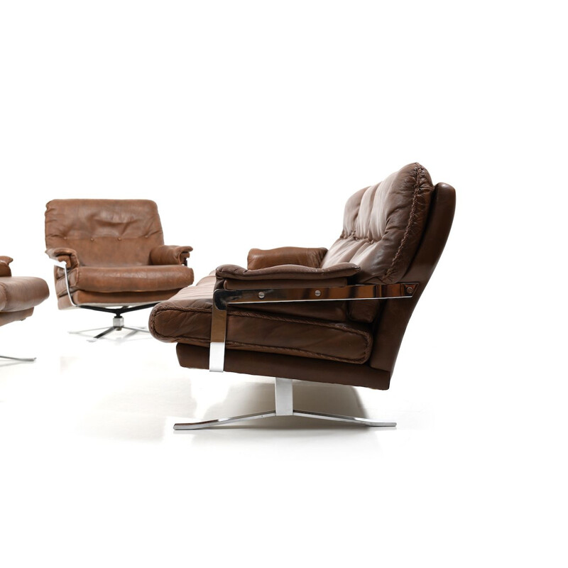 Vintage Hand-Stitched leather and chrome seating by Arne Norell