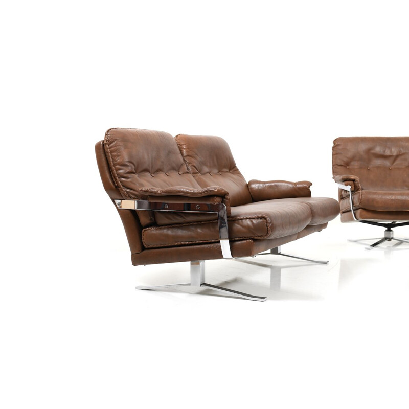 Vintage Hand-Stitched leather and chrome seating by Arne Norell