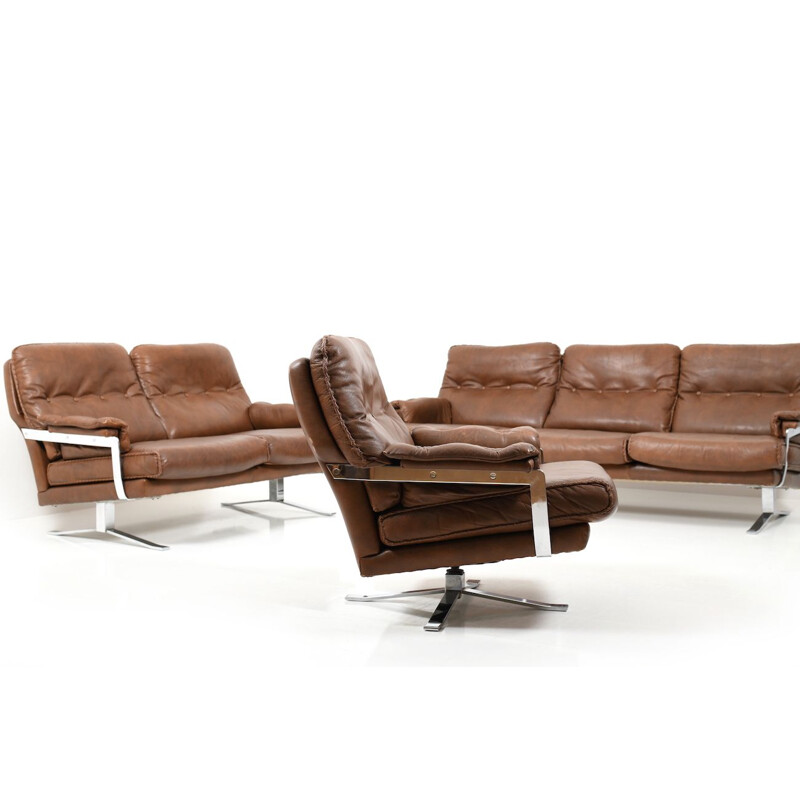 Vintage Hand-Stitched leather and chrome seating by Arne Norell