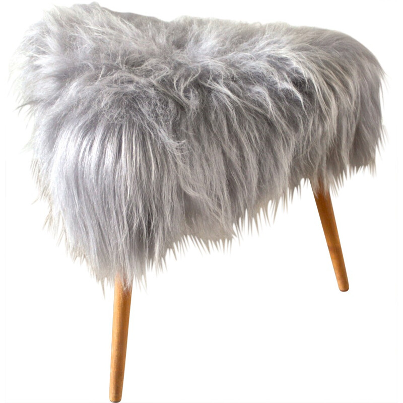 Vintage Scandinavian stool in wood and sheep skin