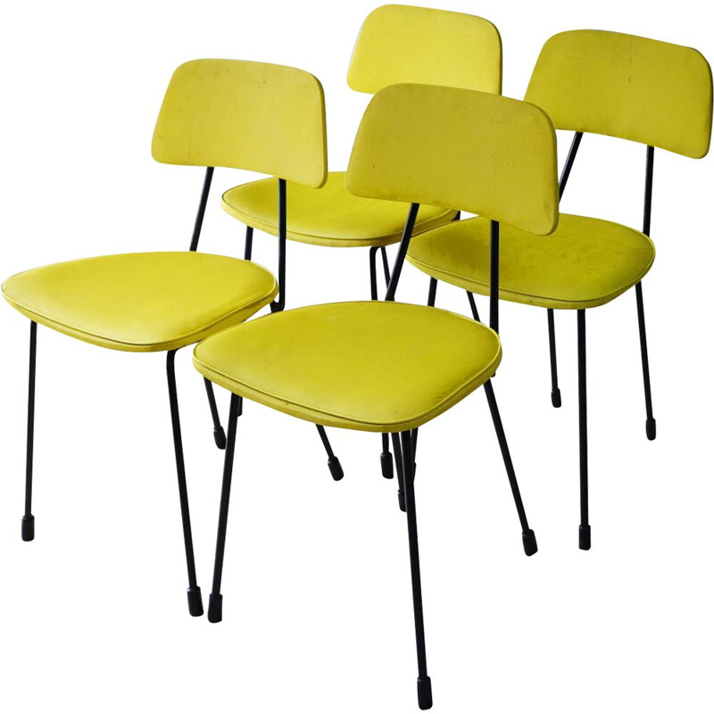 Suite de 4 chaises vintage en vinyle jaune et métal, 1960