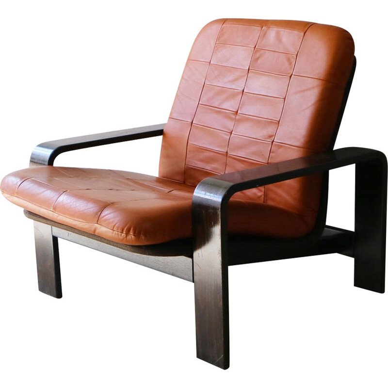 Fauteuil vintage en bois et cuir, Danemark, 1970