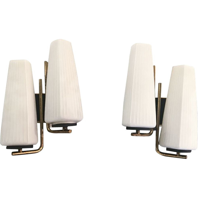 Vintage pair of sconces in brass and opaline 1950