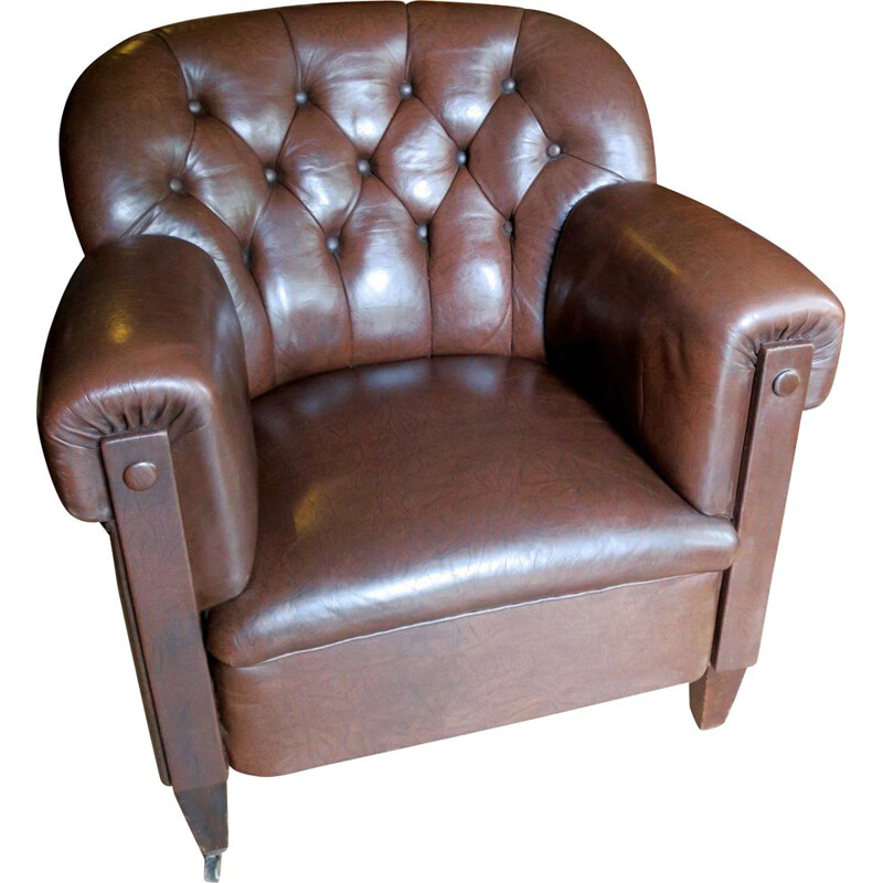 Fauteuil vintage allemand club en cuir marron foncé 1940